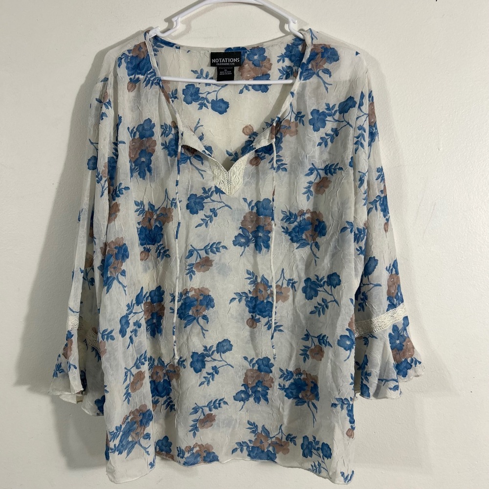 Notations Floral Peasant Blouse Womens XL Blue White Lace Trim Bell Sleeve Top